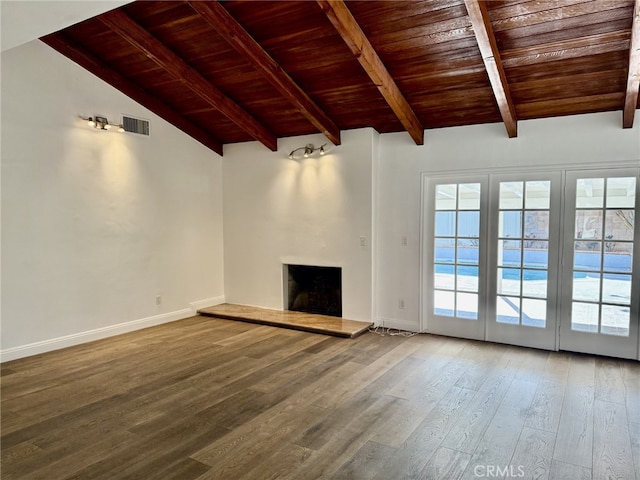 unfurnished living room with lofted ceiling with beams, wood-type flooring, and wood ceiling