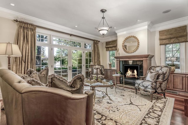 living area with french doors, dark hardwood / wood-style floors, and crown molding