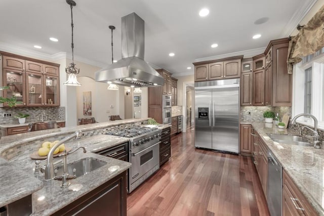 kitchen with island exhaust hood, dark hardwood / wood-style flooring, pendant lighting, high quality appliances, and sink