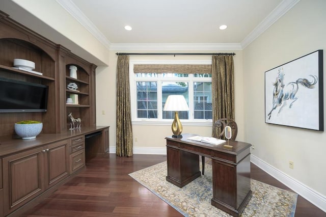 home office featuring built in desk, ornamental molding, and dark hardwood / wood-style flooring