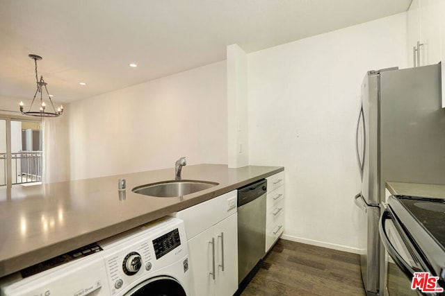 kitchen with white cabinetry, sink, stainless steel appliances, a notable chandelier, and washer / dryer