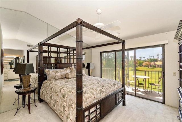 bedroom featuring light carpet, lofted ceiling, ceiling fan, and access to outside