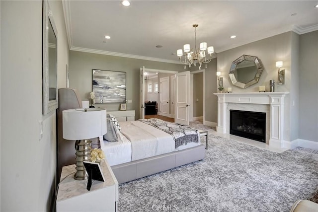 bedroom with a fireplace, light carpet, a chandelier, and ornamental molding