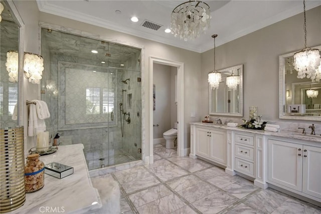 bathroom featuring crown molding, walk in shower, and a chandelier