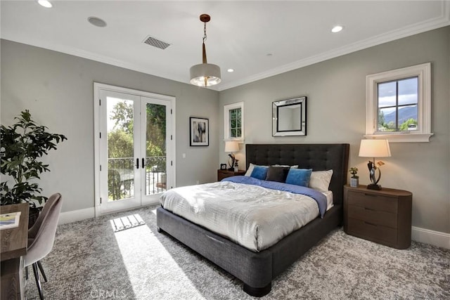 bedroom featuring carpet floors, crown molding, access to outside, and french doors