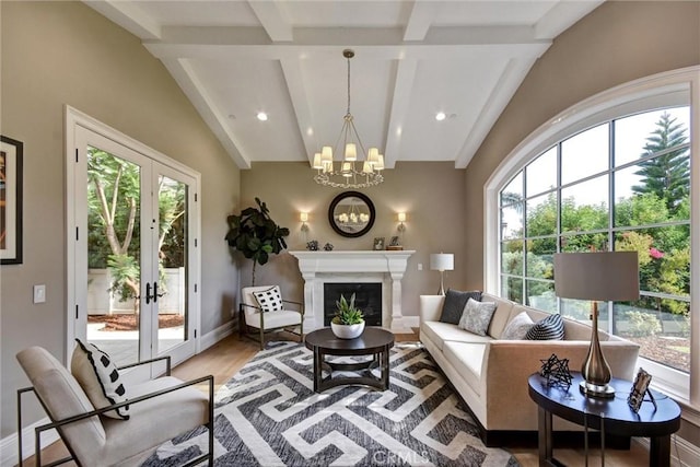 living room with french doors, vaulted ceiling with beams, a wealth of natural light, and wood-type flooring