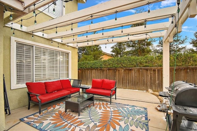 view of patio / terrace featuring outdoor lounge area, a pergola, and grilling area