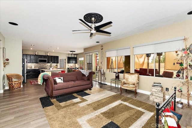 living room with hardwood / wood-style flooring and ceiling fan