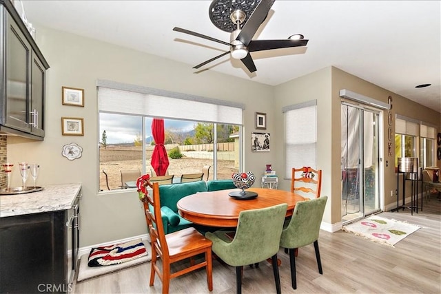 dining room with light wood-type flooring and ceiling fan