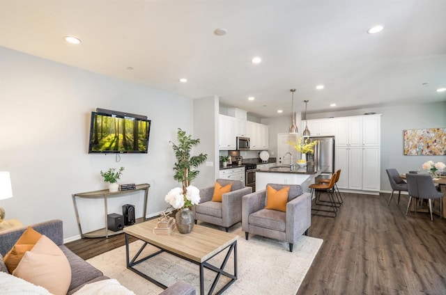 living room with hardwood / wood-style flooring and sink