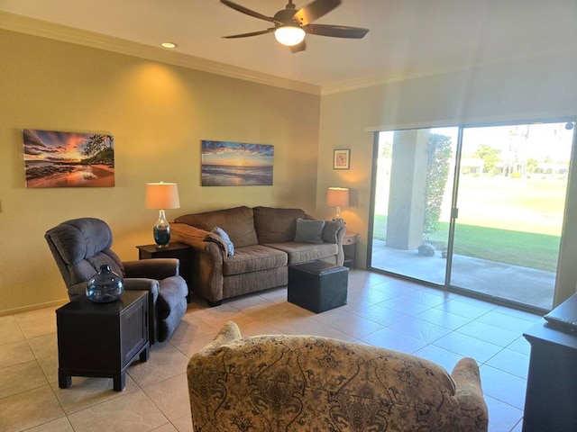 living room with ceiling fan, crown molding, and light tile patterned floors