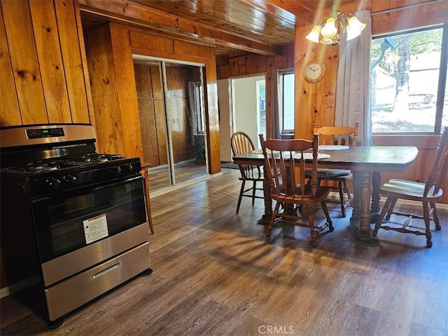 dining area with wood walls, dark wood-type flooring, and wooden ceiling