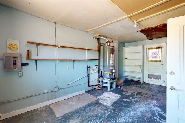 interior space with gas water heater and electric panel