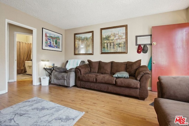 living room with a textured ceiling and light wood-type flooring