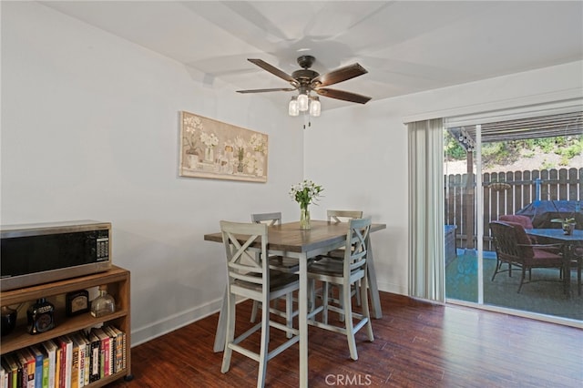 dining room featuring ceiling fan and dark wood-type flooring