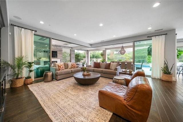 living room with dark hardwood / wood-style flooring