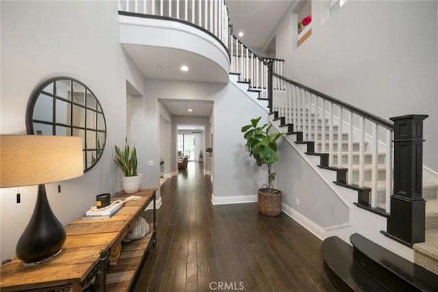 foyer with a towering ceiling and dark hardwood / wood-style floors