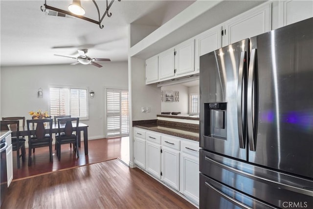 kitchen featuring ceiling fan, dark hardwood / wood-style flooring, white cabinets, and stainless steel refrigerator with ice dispenser