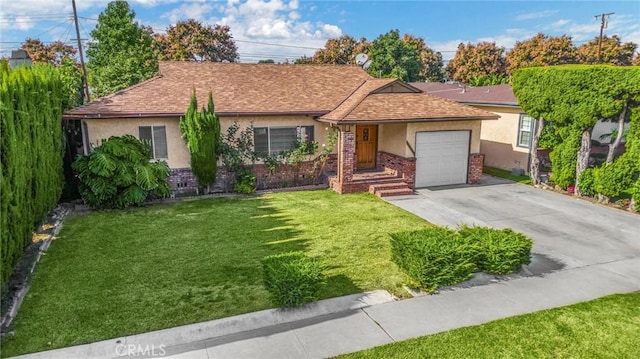 single story home featuring a garage and a front yard