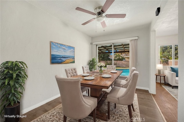 dining room with wood-type flooring, ceiling fan, and a textured ceiling