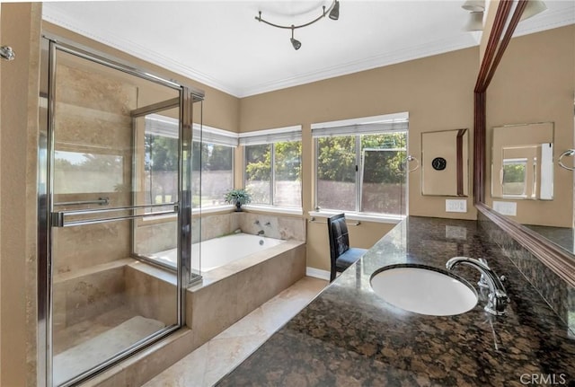 bathroom featuring crown molding, vanity, and plus walk in shower