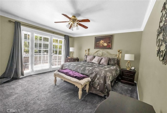 bedroom featuring dark colored carpet, ceiling fan, ornamental molding, and access to outside