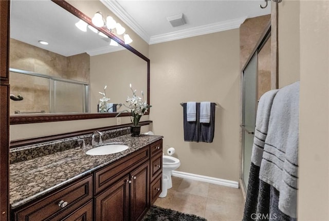 bathroom featuring vanity, crown molding, tile patterned flooring, toilet, and walk in shower