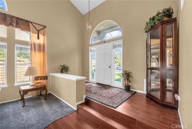 foyer with high vaulted ceiling and dark hardwood / wood-style floors