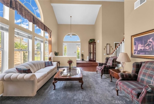 living room featuring high vaulted ceiling and dark hardwood / wood-style floors