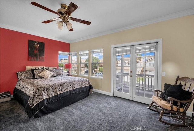 bedroom with dark colored carpet, ceiling fan, ornamental molding, and access to outside