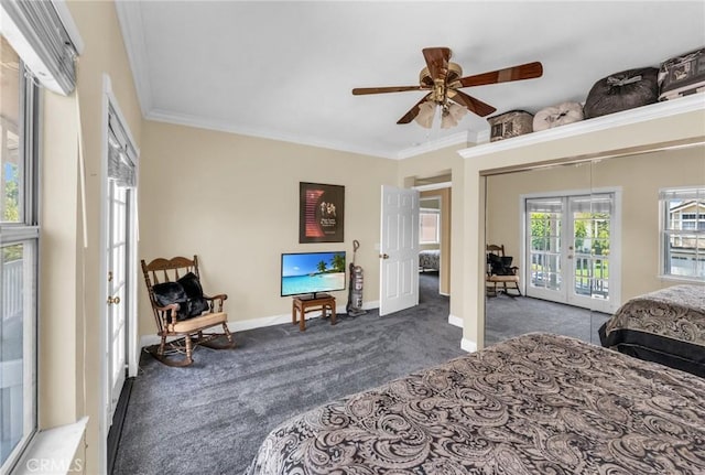 carpeted bedroom with access to exterior, french doors, ceiling fan, and crown molding