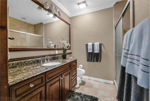 bathroom featuring vanity, tile patterned flooring, toilet, ornamental molding, and walk in shower