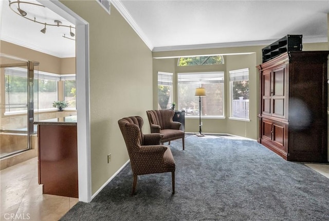 living area with rail lighting, ornamental molding, and light carpet