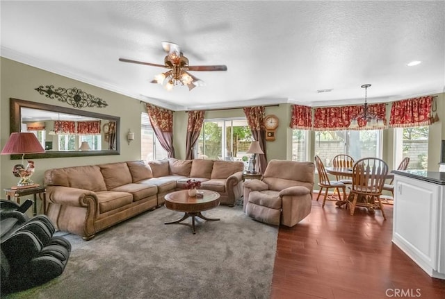 living room with ceiling fan, dark hardwood / wood-style flooring, a textured ceiling, and ornamental molding