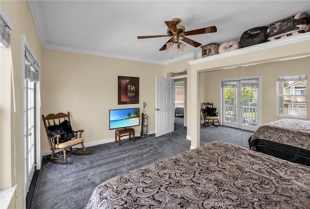 bedroom with dark colored carpet, ceiling fan, access to exterior, and ornamental molding