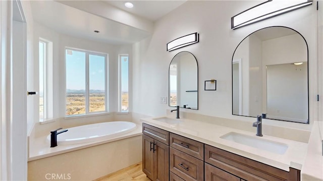 bathroom with a washtub and vanity