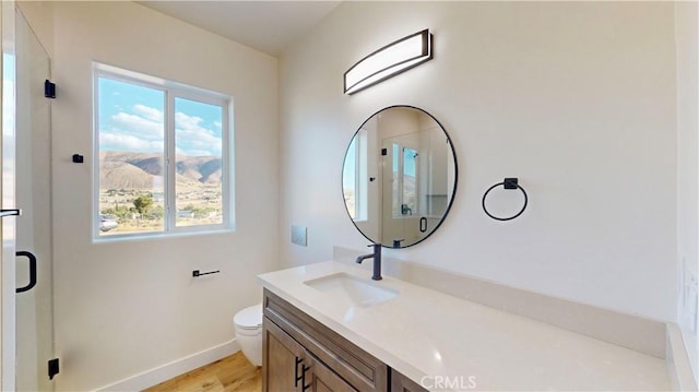 bathroom with walk in shower, a mountain view, wood-type flooring, toilet, and vanity