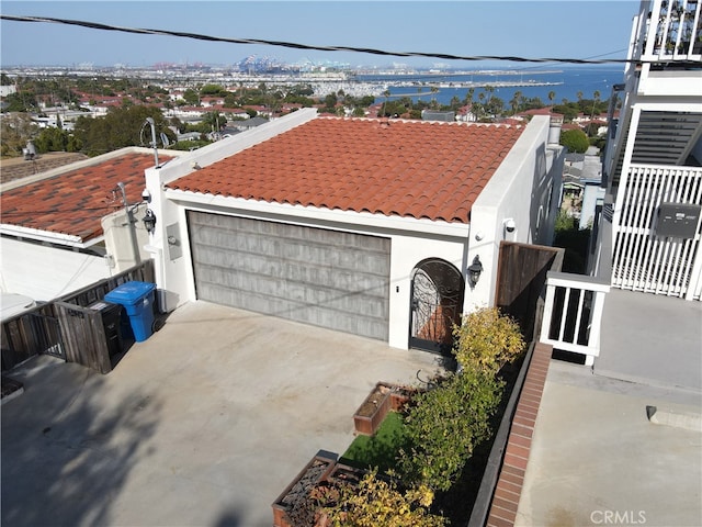 garage with a water view