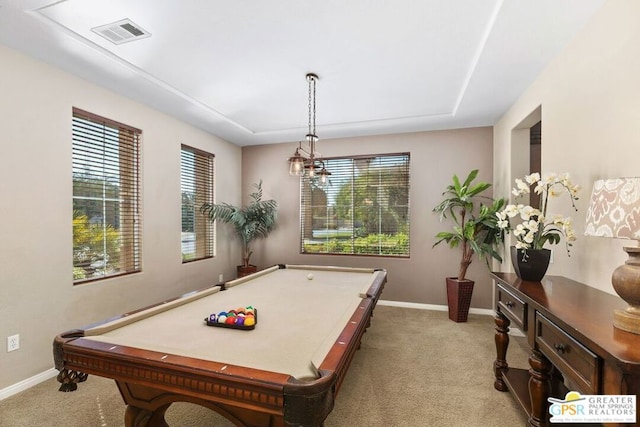 recreation room with pool table and light colored carpet