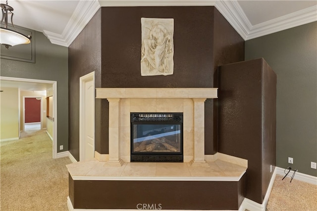 unfurnished living room with light colored carpet, vaulted ceiling, a fireplace, and ornamental molding