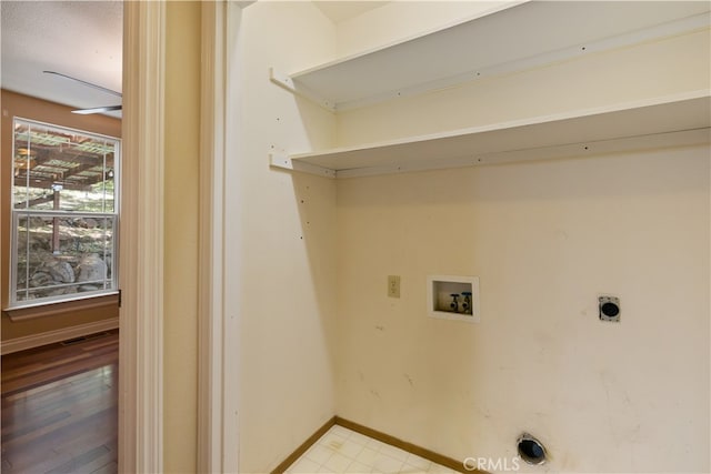 washroom with washer hookup, light hardwood / wood-style flooring, hookup for an electric dryer, and ceiling fan