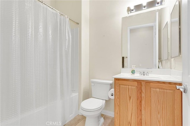 full bathroom with tile patterned floors, vanity, toilet, and shower / bathtub combination with curtain