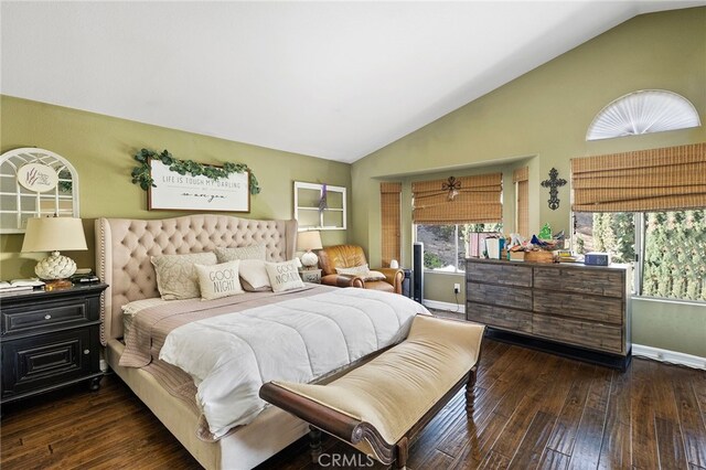 bedroom featuring dark hardwood / wood-style flooring and lofted ceiling