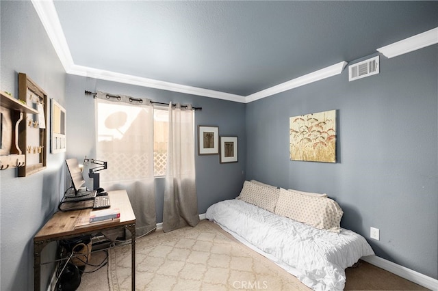 carpeted bedroom with crown molding