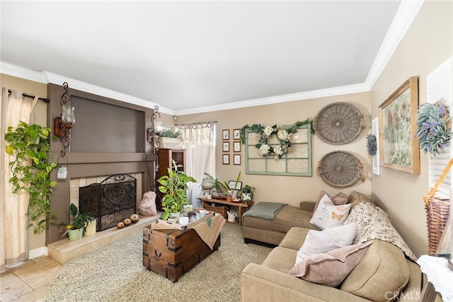 living room featuring a tile fireplace and crown molding