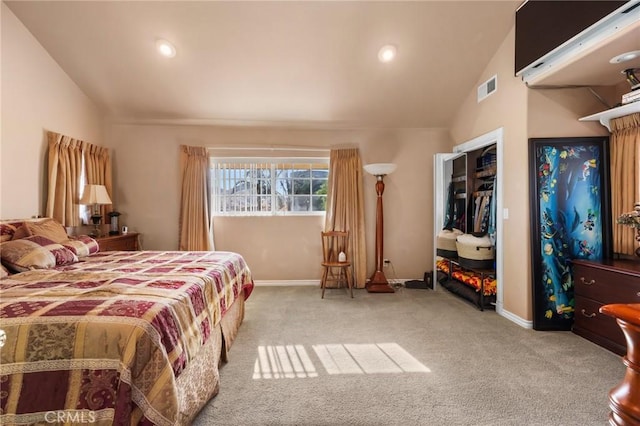 bedroom featuring baseboards, visible vents, vaulted ceiling, and carpet flooring