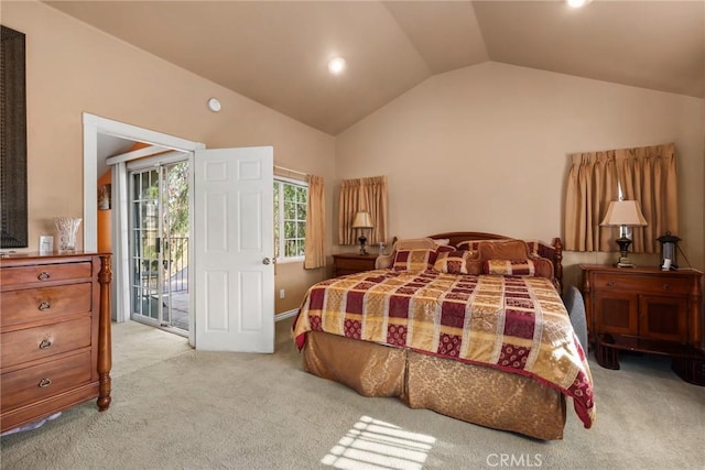 bedroom featuring lofted ceiling, light carpet, and access to exterior