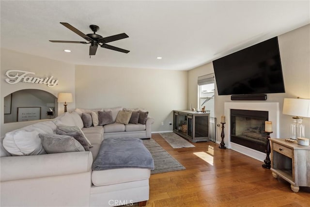 living room with ceiling fan and wood-type flooring