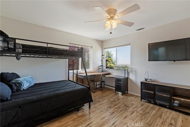 bedroom featuring ceiling fan and light hardwood / wood-style floors