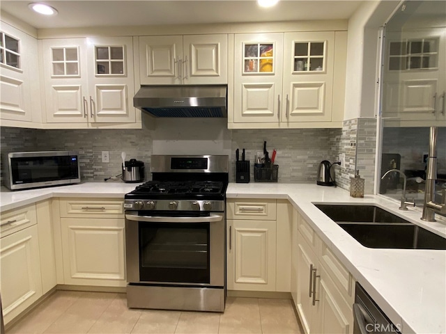 kitchen with range hood, decorative backsplash, appliances with stainless steel finishes, and sink